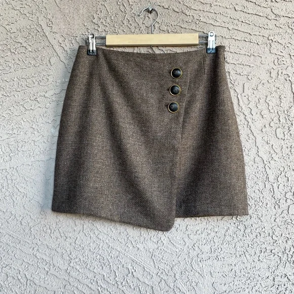 SEZANE Taupe Brown Wool Faux Wrap Mini Skirt Neutral Button Peter Skirt Sz 4 - Picture 3 of 12